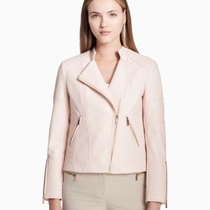 Pink Faux Leather Moto Ribbed Jacket